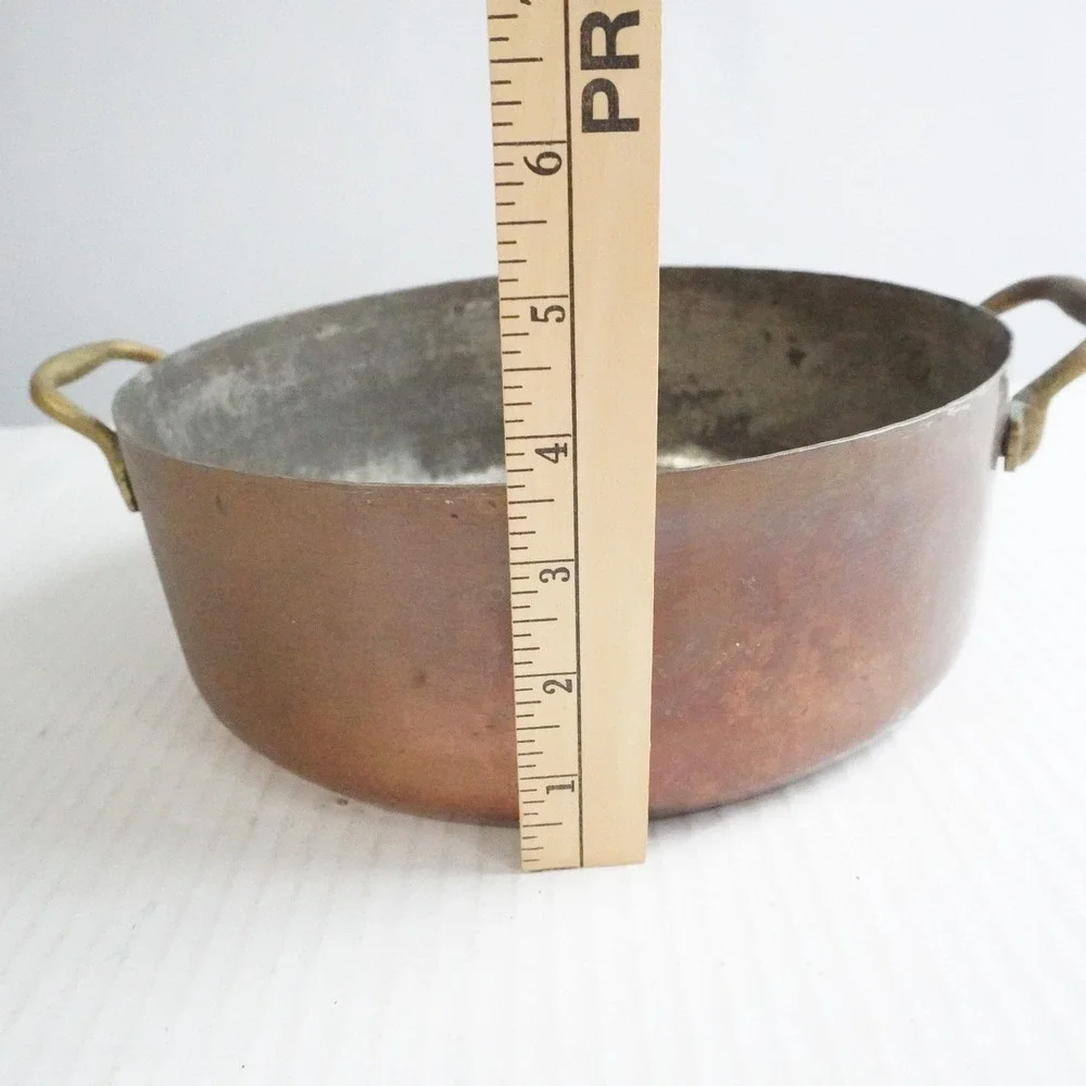 Vintage Copper Stew Pot with Brass Handles Round Kitchen Cookware Cottagecore